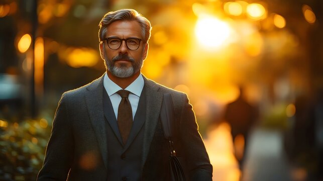 Stylish, mature businessman wearing a suit and glasses walks on a city street in sunlight.