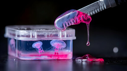 knife slicing through a stream of glowing jelly