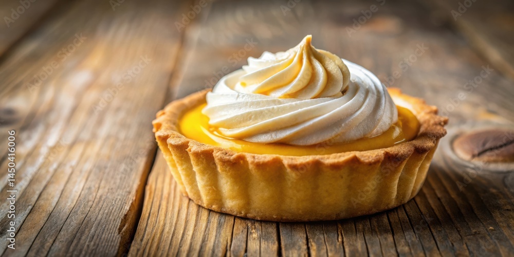 Poster a single lemon tart with a swirl of whipped cream on top, resting on a rustic wooden surface