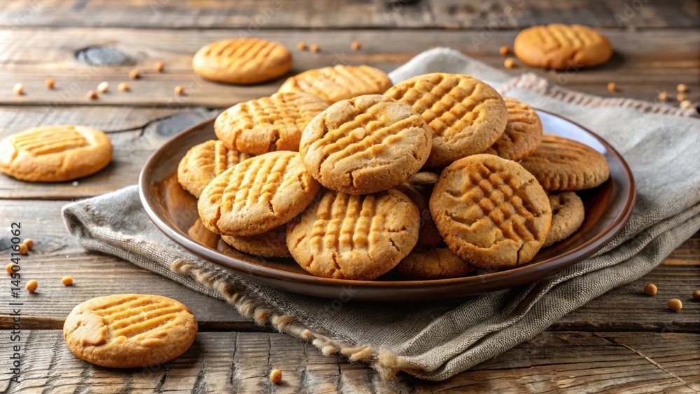 Poster A close-up view of peanut butter cookies arranged on a brown ceramic plate, set on a rustic wooden table with a beige cloth napkin