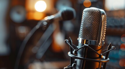 Close-up of a Condenser Microphone with a Pop Filter in a Recording Studio