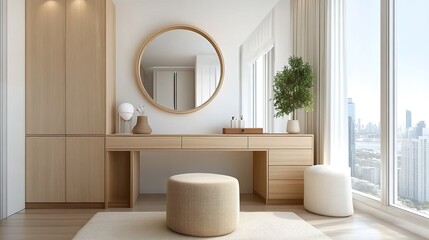 Modern dressing table area with large windows, wooden furniture, round mirror and city view.