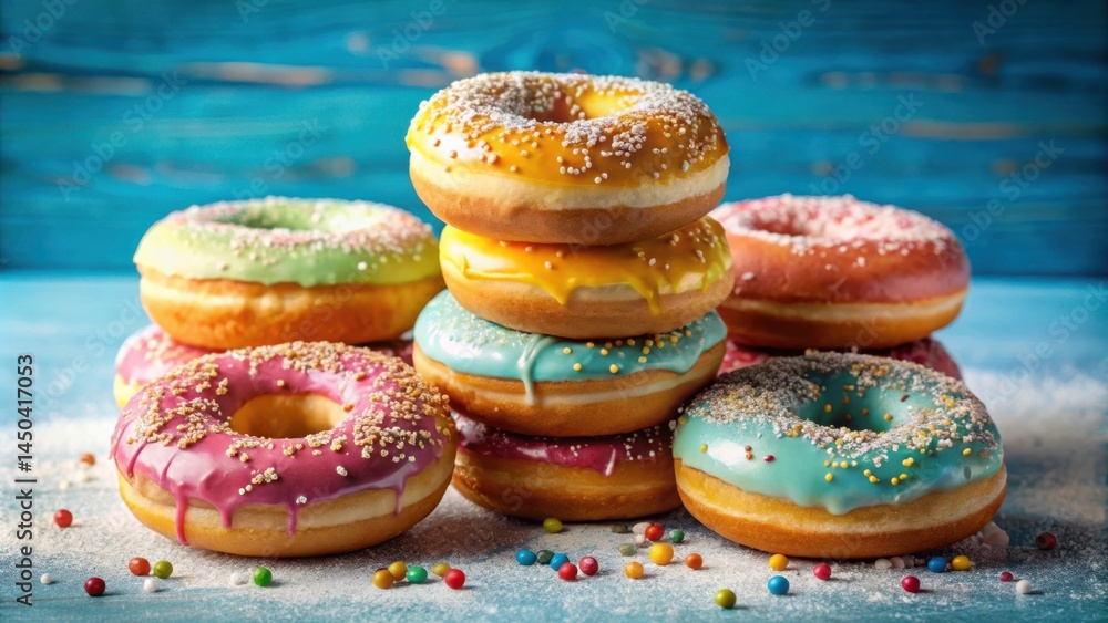 Poster a stack of colorful donuts with sprinkles on a blue background, with a scattering of sprinkles on th