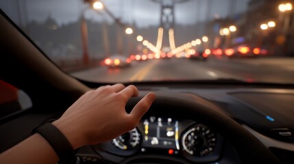 Driver's hand on steering wheel, city bridge traffic in background, driving scene, possible use for automotive, driving safety, or city life stock photo