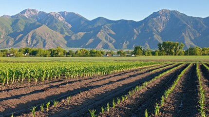 Rural farmland with rows of young corn plants stretching towards mountains at dawn