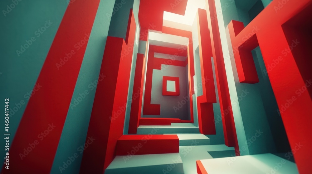 Poster abstract red and teal geometric maze: a digital 3d render of an intriguing architectural design