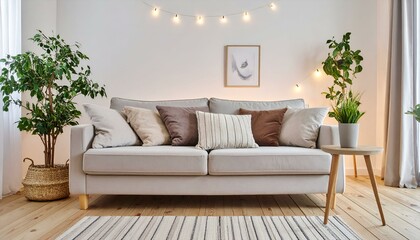 Cozy living room interior design with a light grey sofa, plants, string lights, and wooden floor. Perfect for home decor blogs or websites.