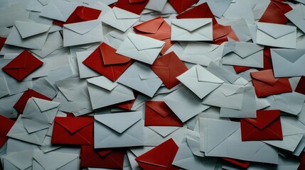 Red and white envelopes scattered background