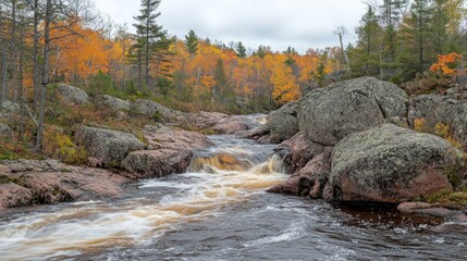 Autumn river flowing through rocky forest landscape