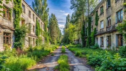 Fototapeta premium Overgrown streets of a forgotten Soviet military outpost , decay, secret, decay, secret