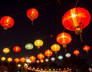 Illuminated Chinese lanterns illuminating the night sky.  Perfect for celebrations, festivals, and cultural events.