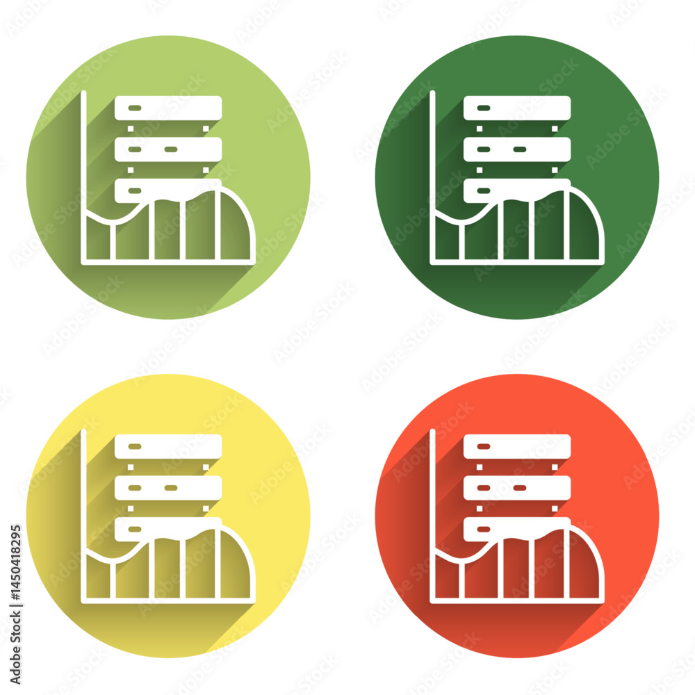 Poster set server, data, web hosting icon isolated with long shadow background. color circle button. vector