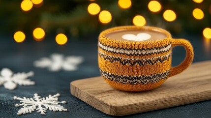 Cozy Knitted Mug of Warm Beverage with Festive Lights