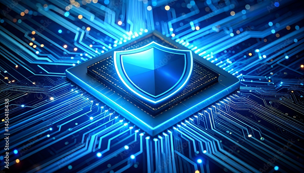 Poster futuristic digital shield protecting a microchip circuit board. cybersecurity concept.