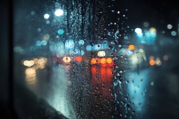 Rainy night city lights blurred through a wet windshield.  Raindrops cling to the glass, obscuring the urban scene beyond.  Blurred city lights and traffic are visible through the water droplets