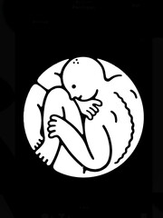 Abstract human figure curled in fetal position, surrounded by a circular shape on a black background.