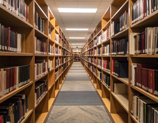 Serene library aisle with bookshelves filled with various books, creating a pathway to knowledge.