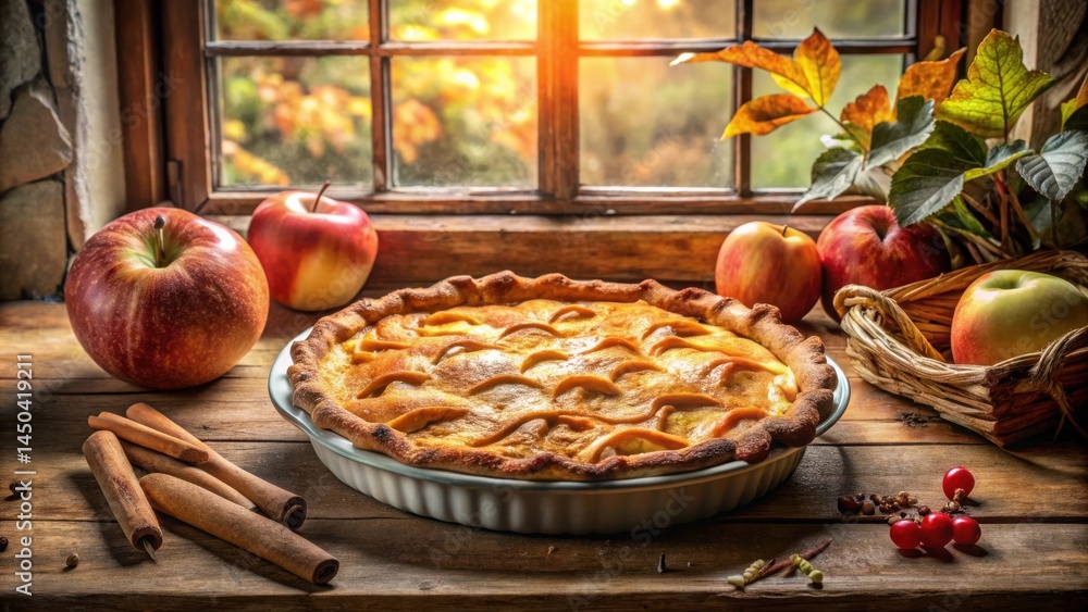 Poster a freshly baked apple pie sits on a rustic wooden table with cinnamon sticks, apples, and autumn lea