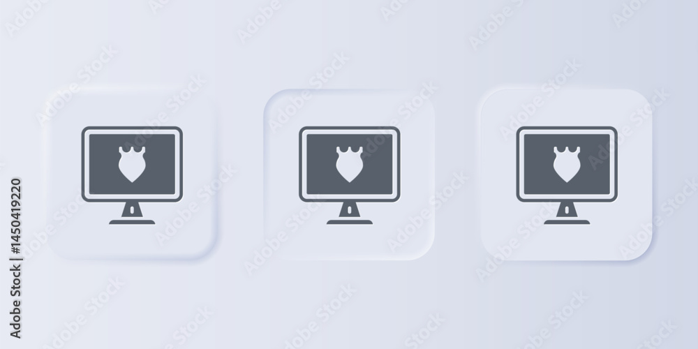 Poster grey police database icon isolated on grey background. police badge on monitor screen. online police