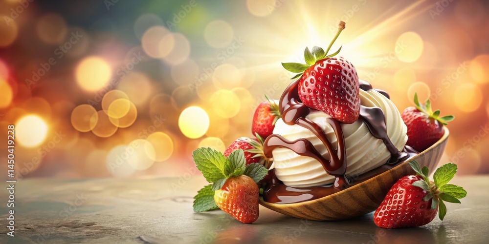 Poster Whipped Cream and Strawberries Drizzled with Chocolate in a Wooden Bowl on a Gray Surface with a Bokeh Background
