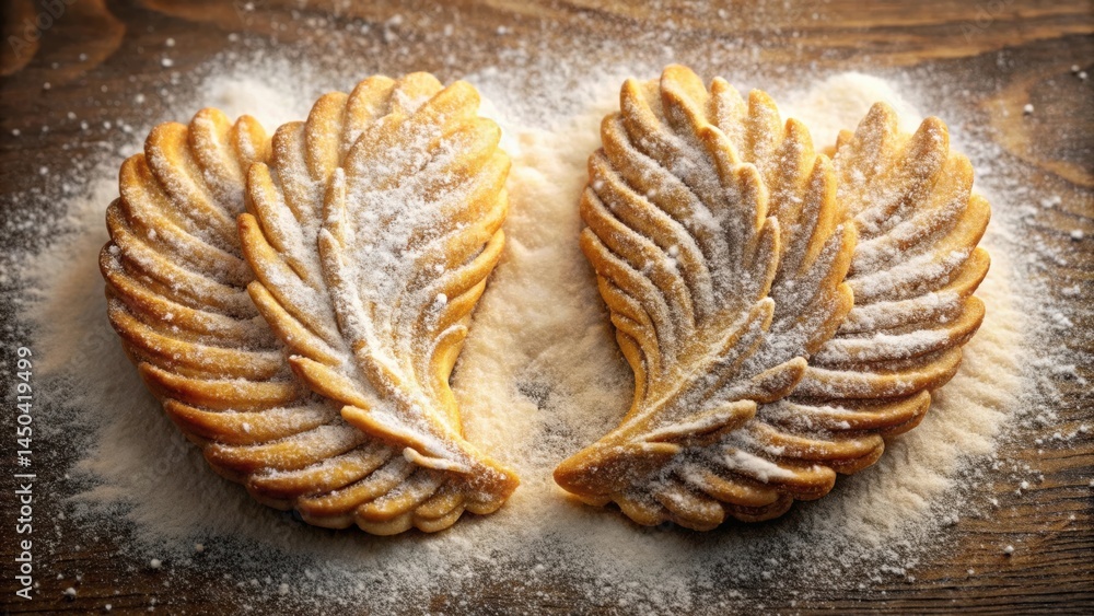 Poster two golden, flaky pastries dusted with powdered sugar, resembling wings, sit on a wooden surface, cr