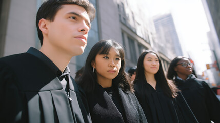 Obraz premium A diverse group of young students, including two males and two females, dressed in graduation robes stands proudly, reflecting determination and optimism against a city backdrop