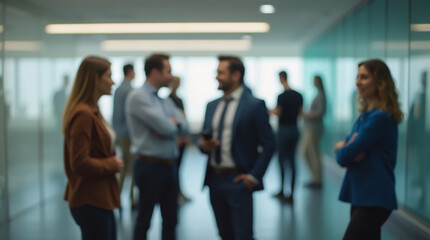 Several employees standing in an office corridor and having a conversation