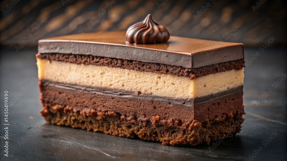 Poster close-up of a decadent chocolate cake with layers of rich mousse and a glossy chocolate glaze