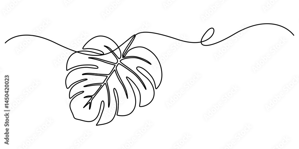 Poster monstera leaf continuous one line drawing and leaf icon isolated flat vector illustration, one conti