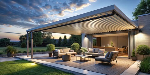 Obraz premium Outdoor Living Space with Automated Awnings and Lighting, autonomous retractable awnings, outdoor living space enhancement
