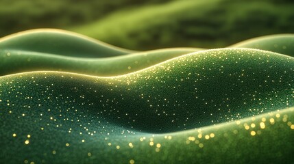 Green, textured hills with golden specks