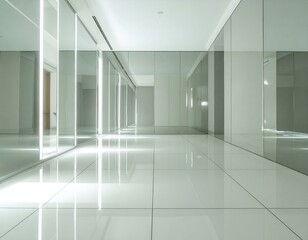 Modern minimalist hallway with mirrored walls and glossy floor. Perfect for architecture, design, and interior concepts.