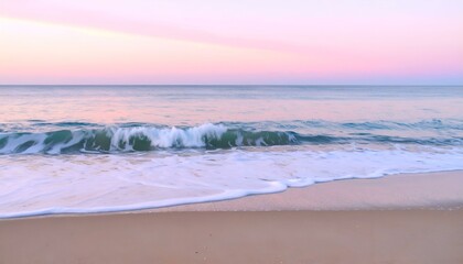 Serene pastel sunset over ocean waves gently lapping on sandy beach. Perfect for calming backgrounds or travel publications.