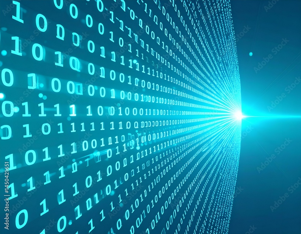 Poster abstract digital data stream, binary code flowing into light, glowing turquoise numbers on dark blue