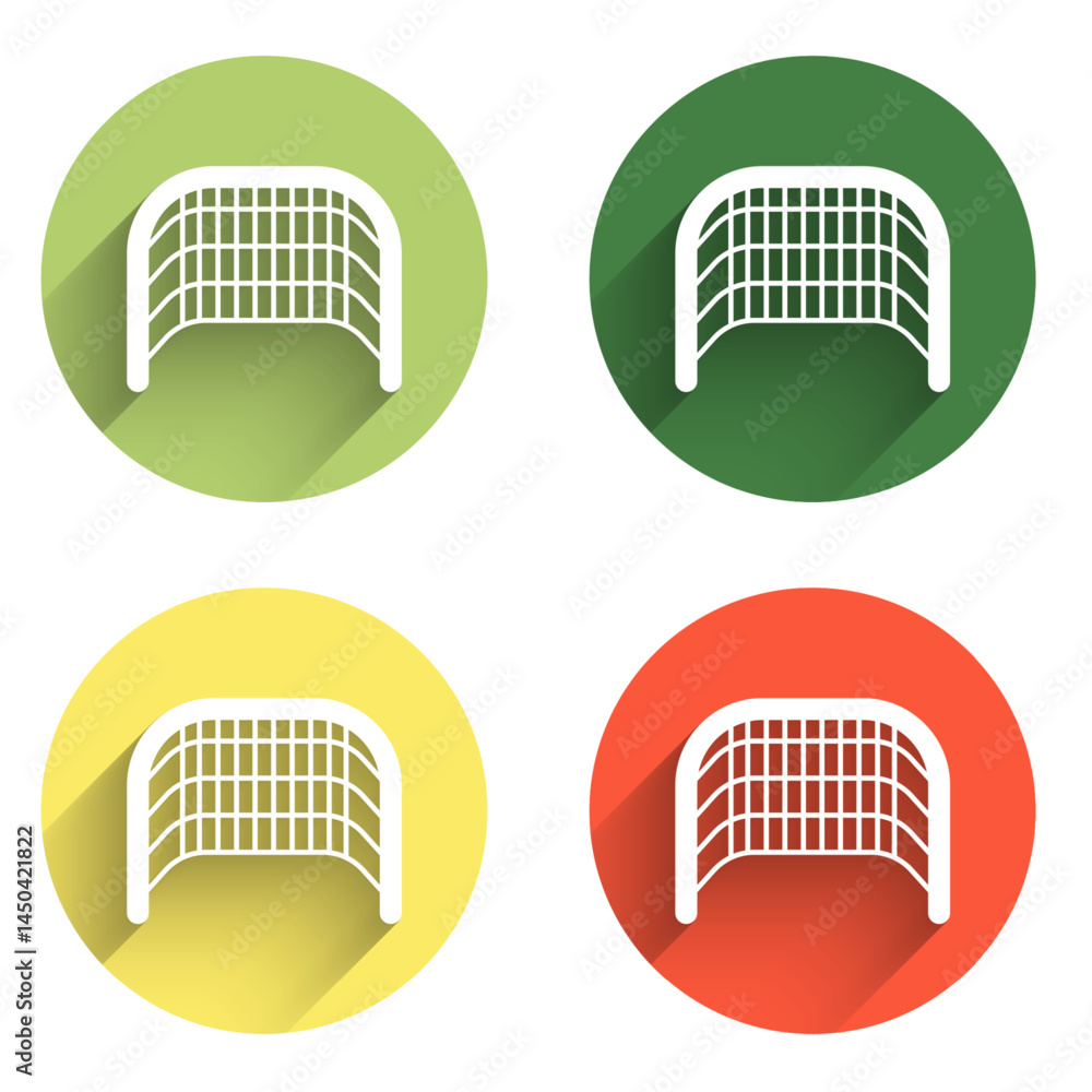 Poster set ice hockey goal with net for goalkeeper icon isolated with long shadow background. color circle 