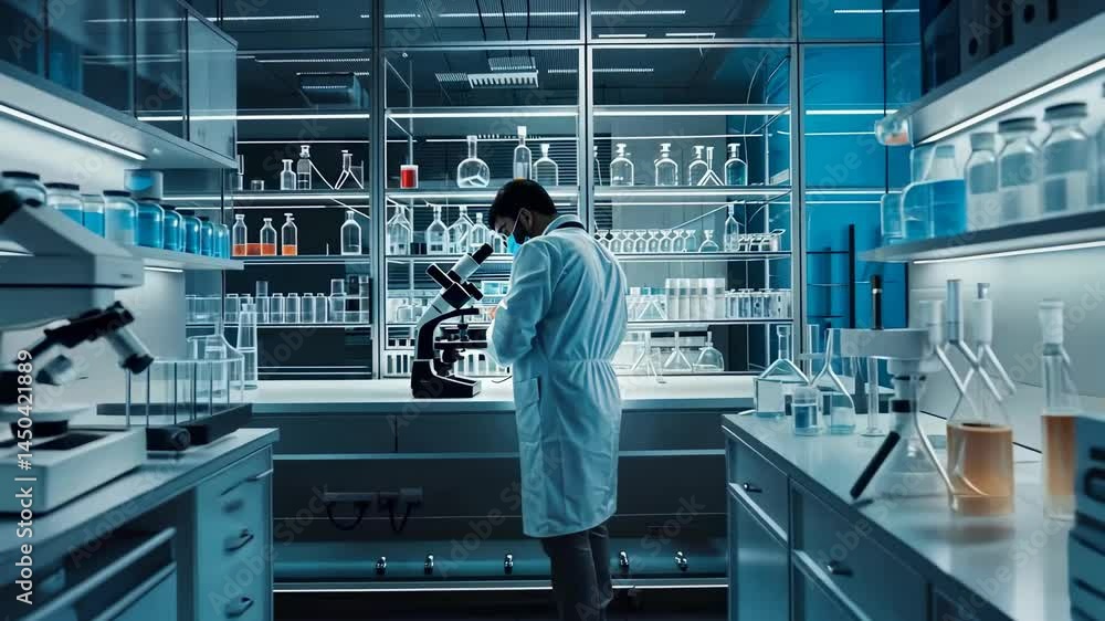 Aufkleber a scientist wearing a lab coat and mask works meticulously at a microscope in a brightly lit, steril