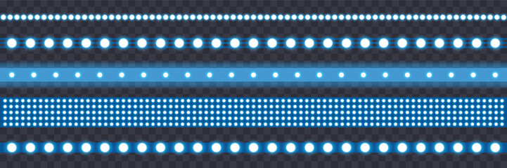 Led light strip set, neon blue light ribbons on transparent background. Realistic neon light bulb, vector illustration. Glowing tape with diode bulb on transparent bg, vector illustration. © viktoria_ngm