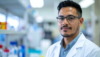 Portrait of a young male scientist in a lab coat, looking directly at the camera. He's wearing glasses and has a serious expression. The background is blurred, showing laboratory equipment.