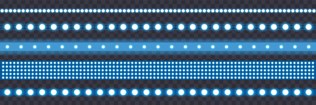 Led light strip set, neon blue light ribbons on transparent background. Realistic neon light bulb, vector illustration. Glowing tape with diode bulb on transparent bg, vector illustration.