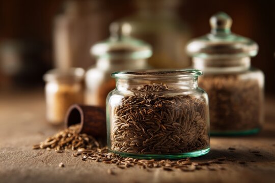 Glass jars of cumin seeds on a rustic wooden surface, beautifully lit and detailed.