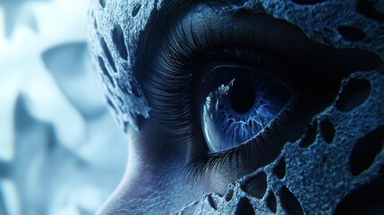 Close-up of an eye hidden behind a textured, icy mask
