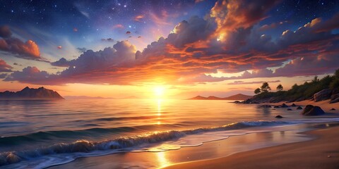 Golden sunlight paints the horizon where the orange sunset and blue sunrise kiss the dramatic sea and vast ocean under a colorful sky