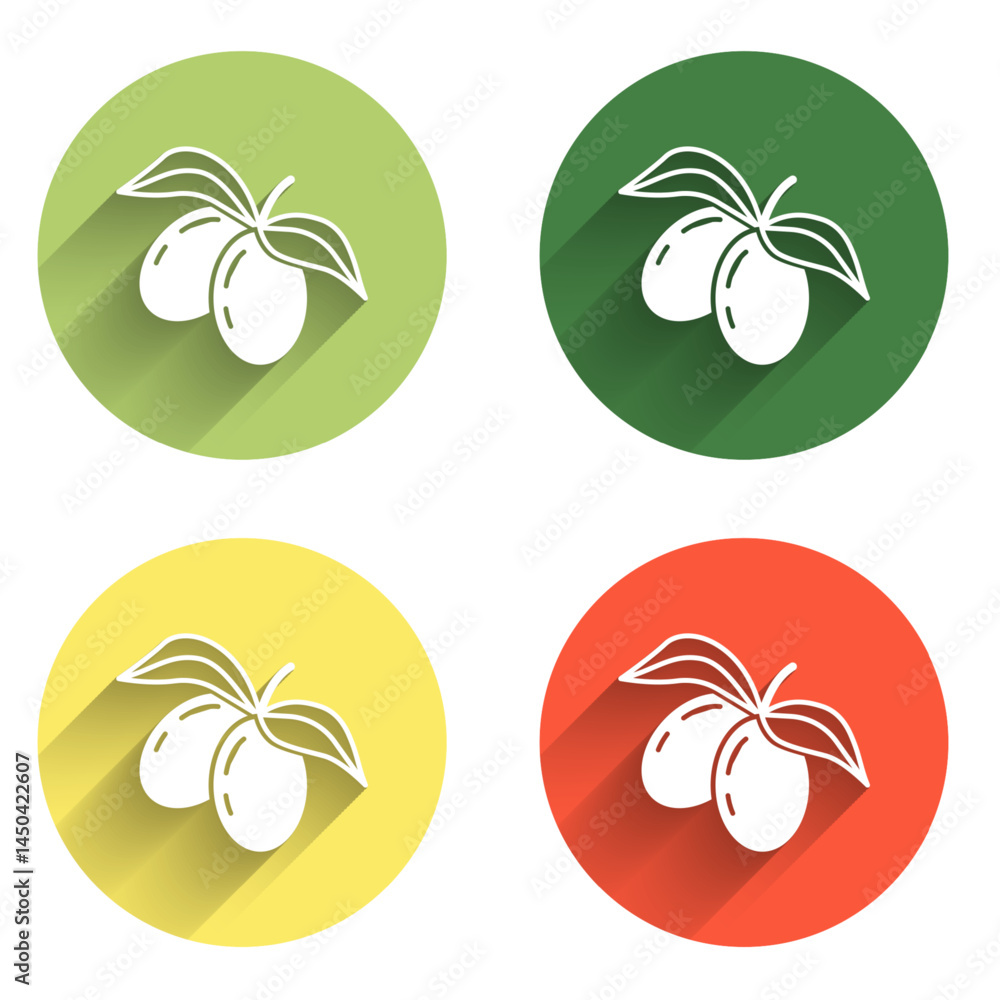 Poster set olives branch icon isolated with long shadow background. color circle button. vector