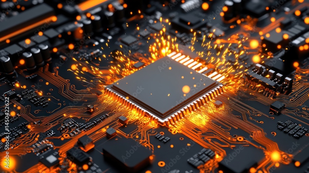 Poster glowing computer processor circuit board technology image