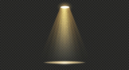 Gold spotlight with glow dust, light source with reflection on the floor on transparent background. Realistic yellow spotlight in abstract dark studio, room or theater scene, or concert.