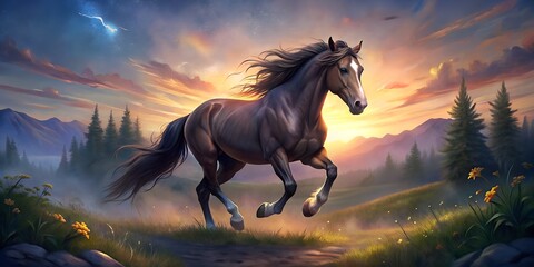 A wild, black stallion gallops across a farm field at a beautiful sunset, its equine silhouette a striking image of nature