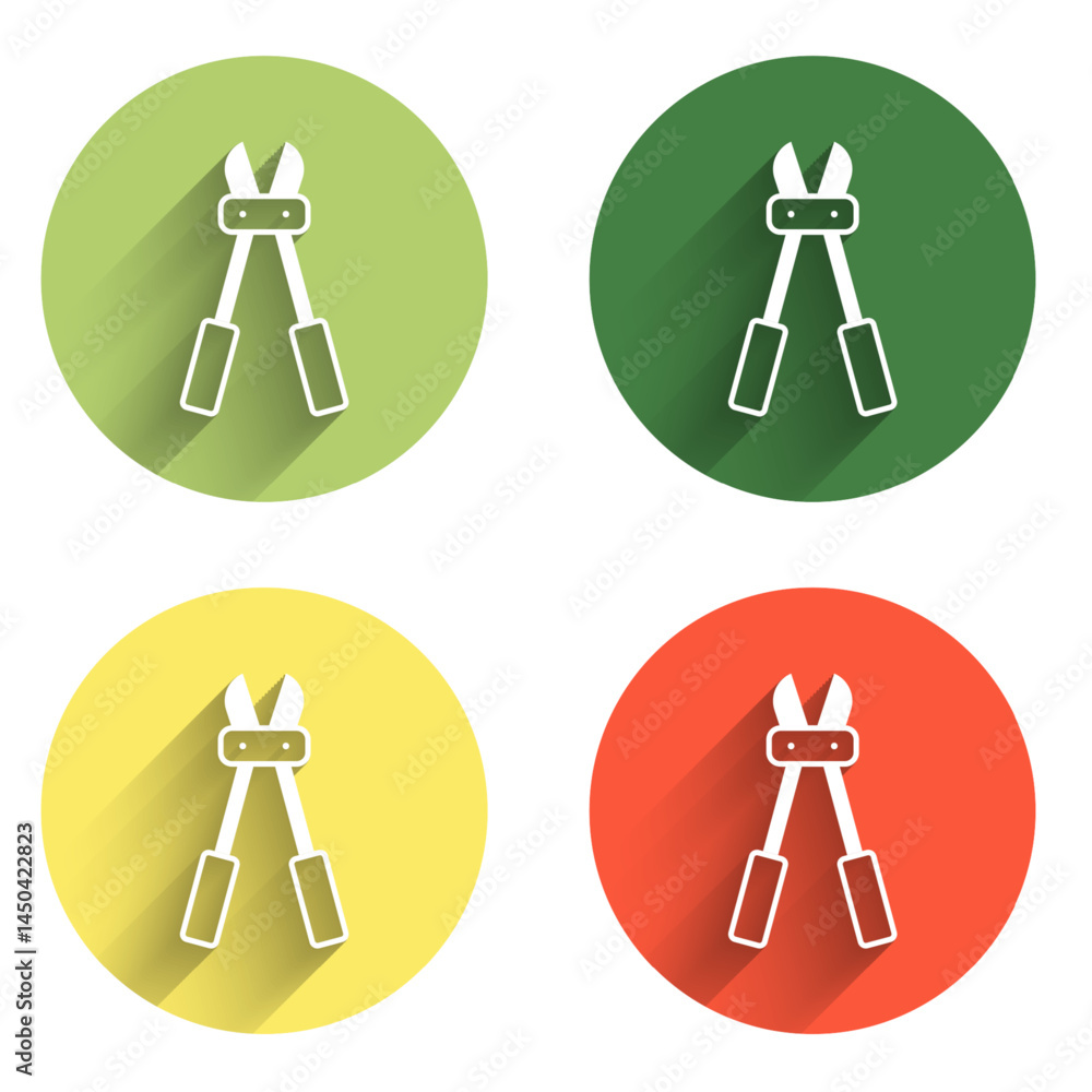 Poster set bolt cutter icon isolated with long shadow background. scissors for reinforcement bars tool. col