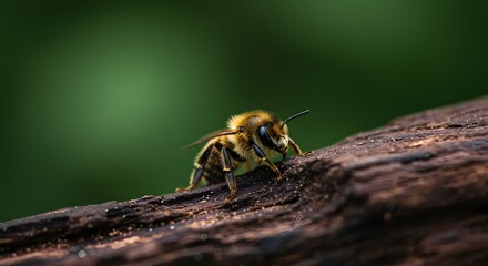 Bee Crawling on Wood Macro Photography with Green Background