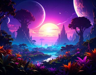 Surreal alien landscape with vibrant purple and orange flora, twin suns, and rocky mountains.  Perfect for fantasy, sci-fi, and dreamlike themes.