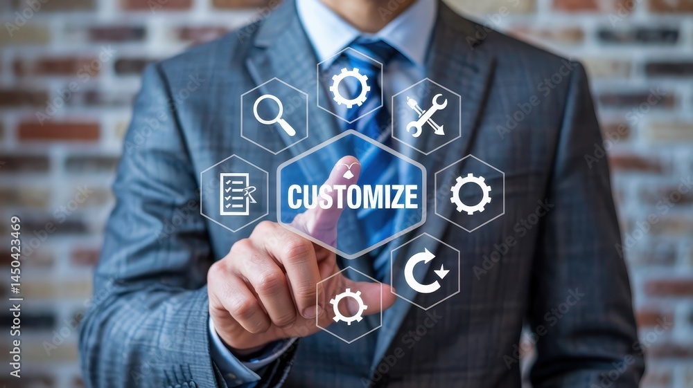 Poster businessperson interacts with a customize interface.